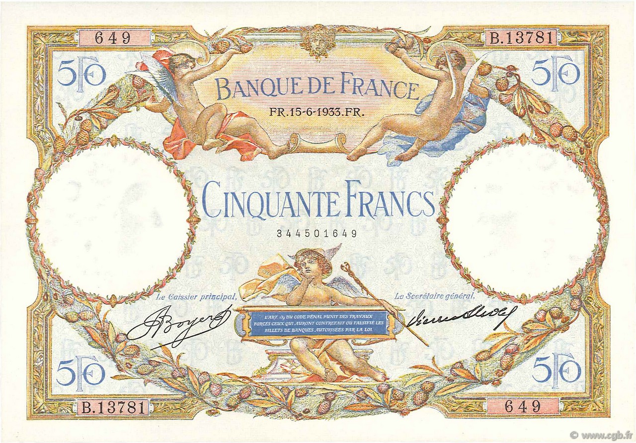 50 Francs LUC OLIVIER MERSON type modifié FRANCE  1933 F.16.04 SUP
