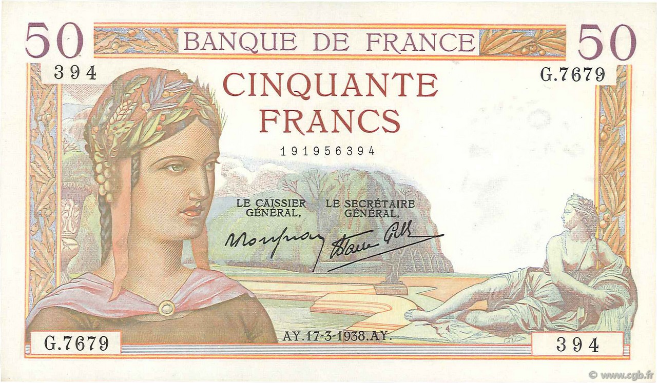 50 Francs CÉRÈS modifié FRANCE  1938 F.18.10 SPL