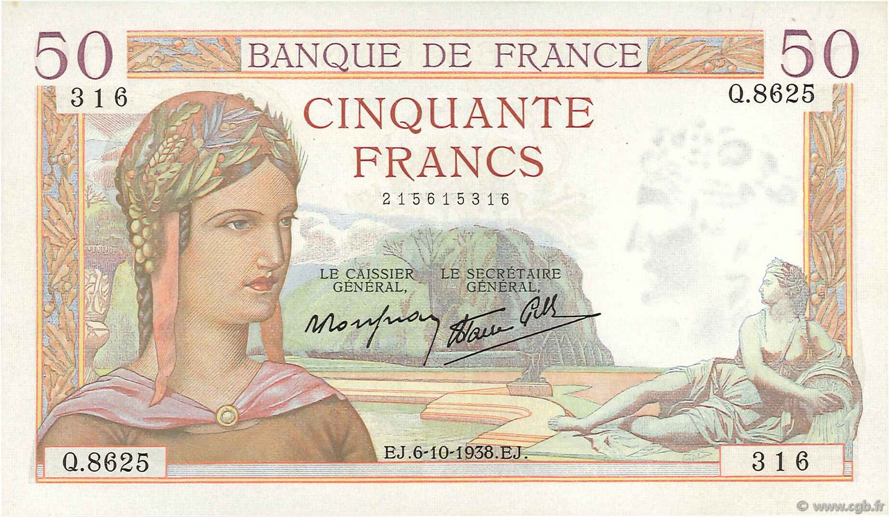 50 Francs CÉRÈS modifié FRANCE  1938 F.18.15 SPL