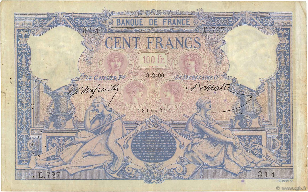 100 Francs BLEU ET ROSE FRANCE  1890 F.21.03 TB