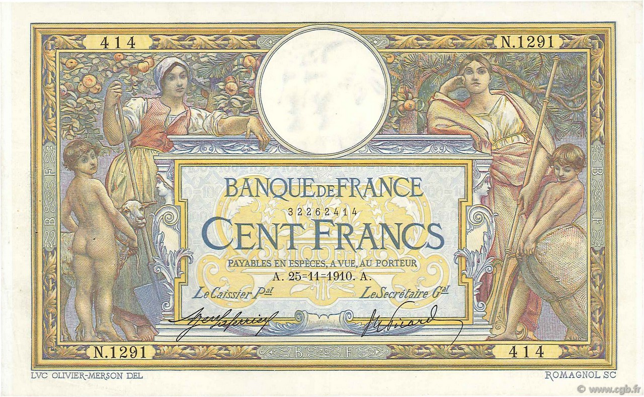 100 Francs LUC OLIVIER MERSON sans LOM FRANCE  1910 F.23.02 VF