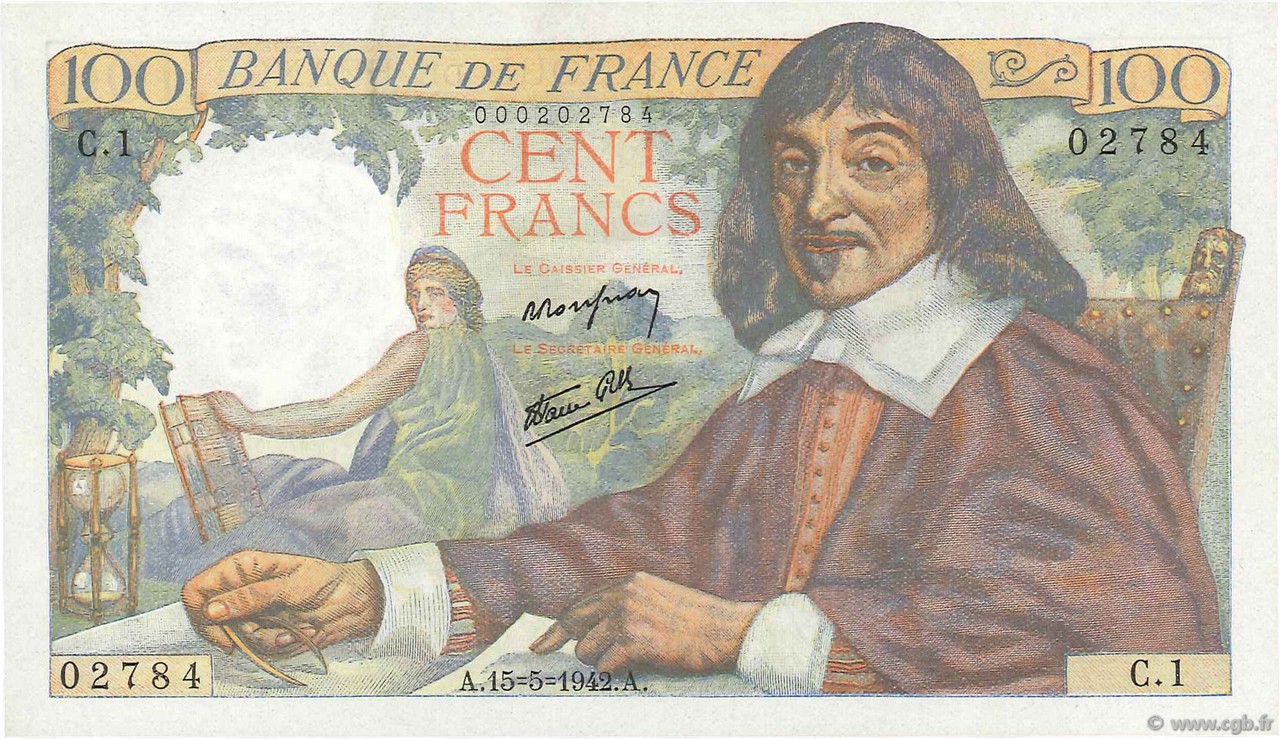 100 Francs DESCARTES FRANCE  1942 F.27.01 SPL+