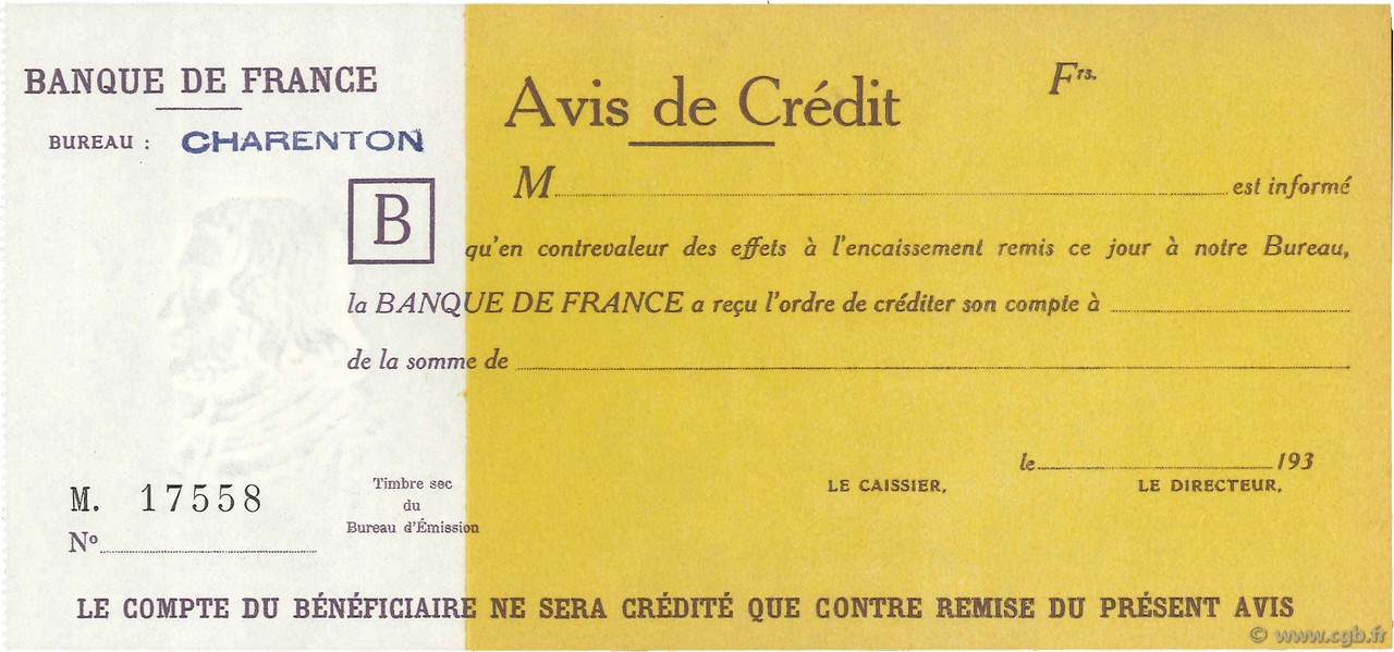 XX Francs Avis de Crédit FRANCE  1930 F.- NEUF