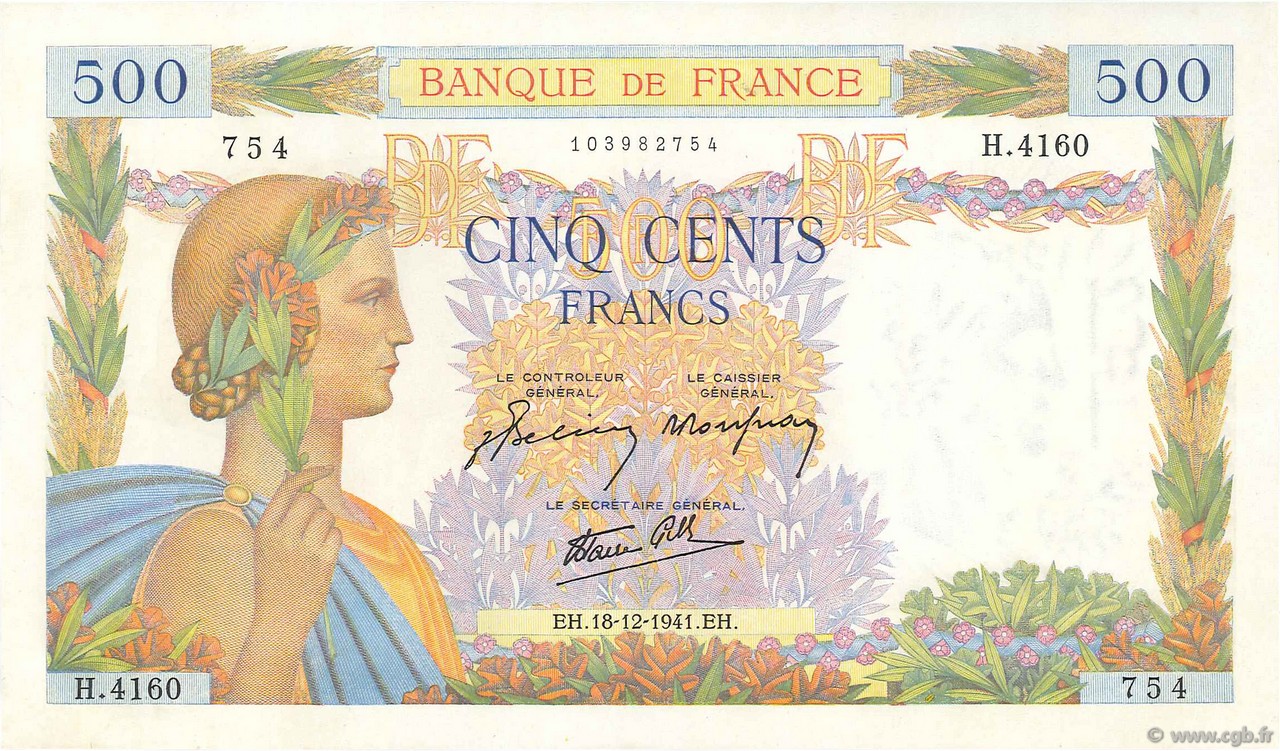 500 Francs LA PAIX FRANCE  1941 F.32.25 SPL+