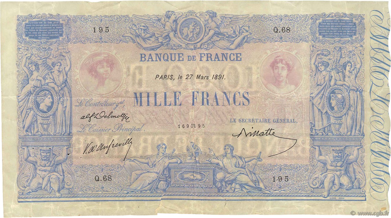 1000 Francs BLEU ET ROSE FRANCE  1891 F.36.03 TTB+