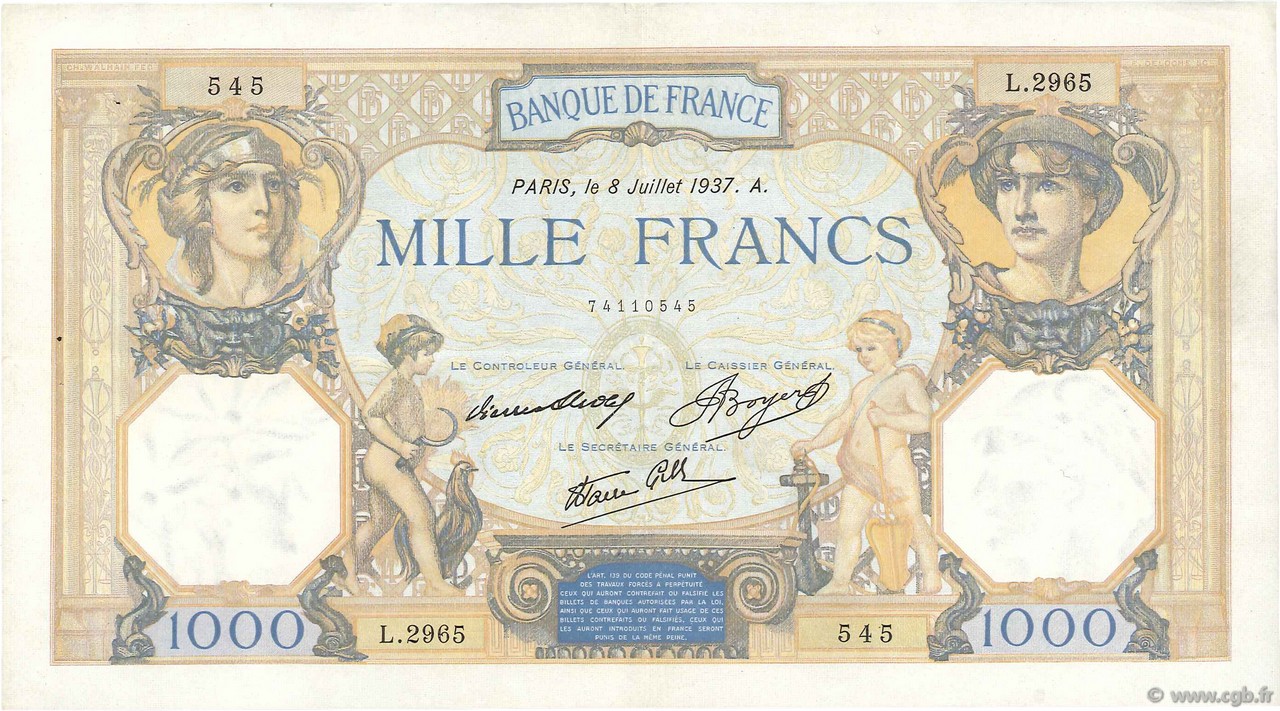 1000 Francs CÉRÈS ET MERCURE type modifié FRANCE  1937 F.38.01 TTB+