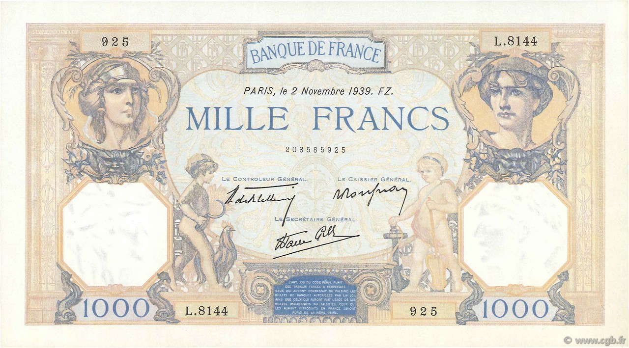 1000 Francs CÉRÈS ET MERCURE type modifié FRANCE  1939 F.38.38 SPL+