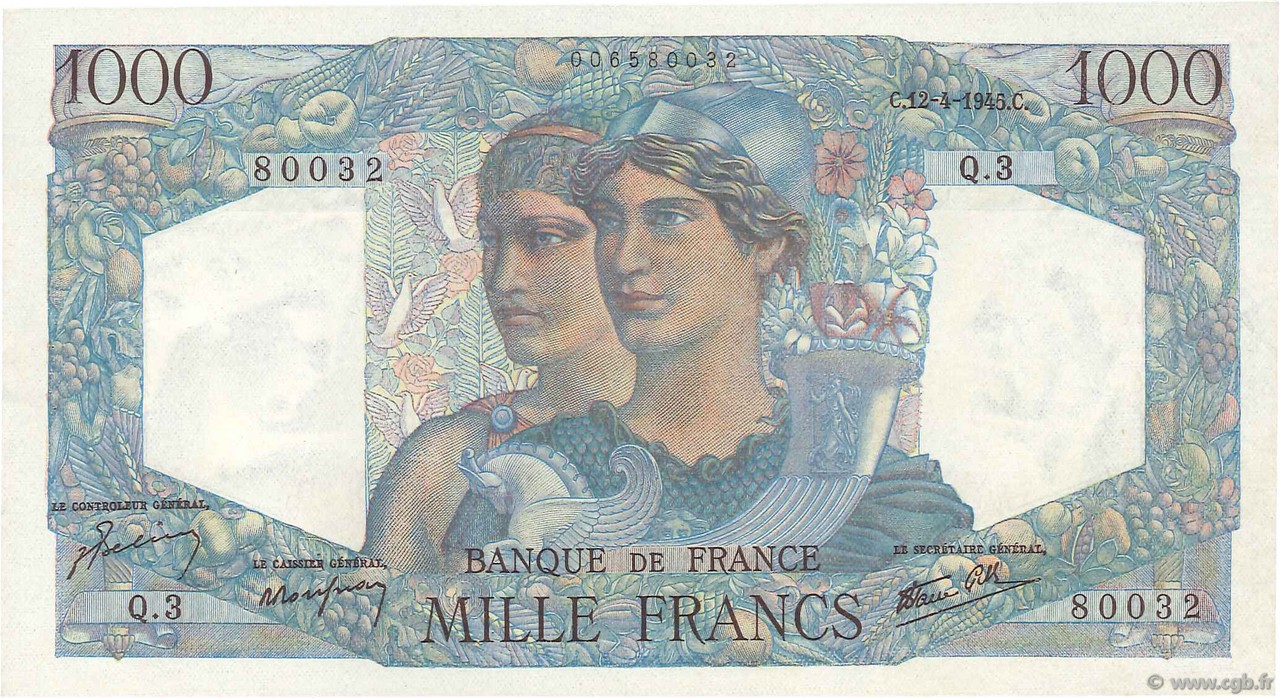 1000 Francs MINERVE ET HERCULE FRANCE  1945 F.41.01 pr.SPL