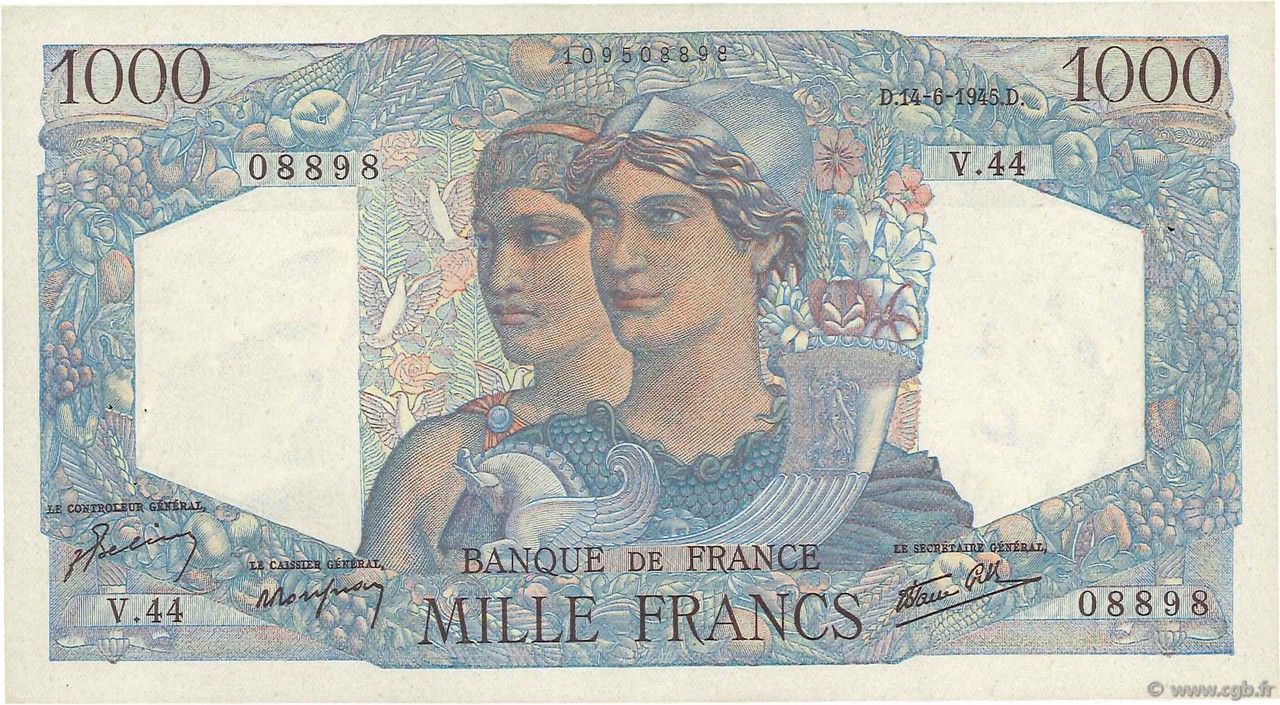 1000 Francs MINERVE ET HERCULE FRANCE  1945 F.41.04 SUP
