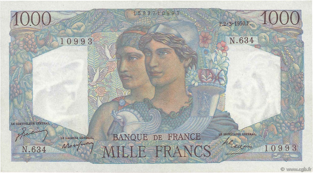 1000 Francs MINERVE ET HERCULE FRANCE  1950 F.41.31 SUP à SPL