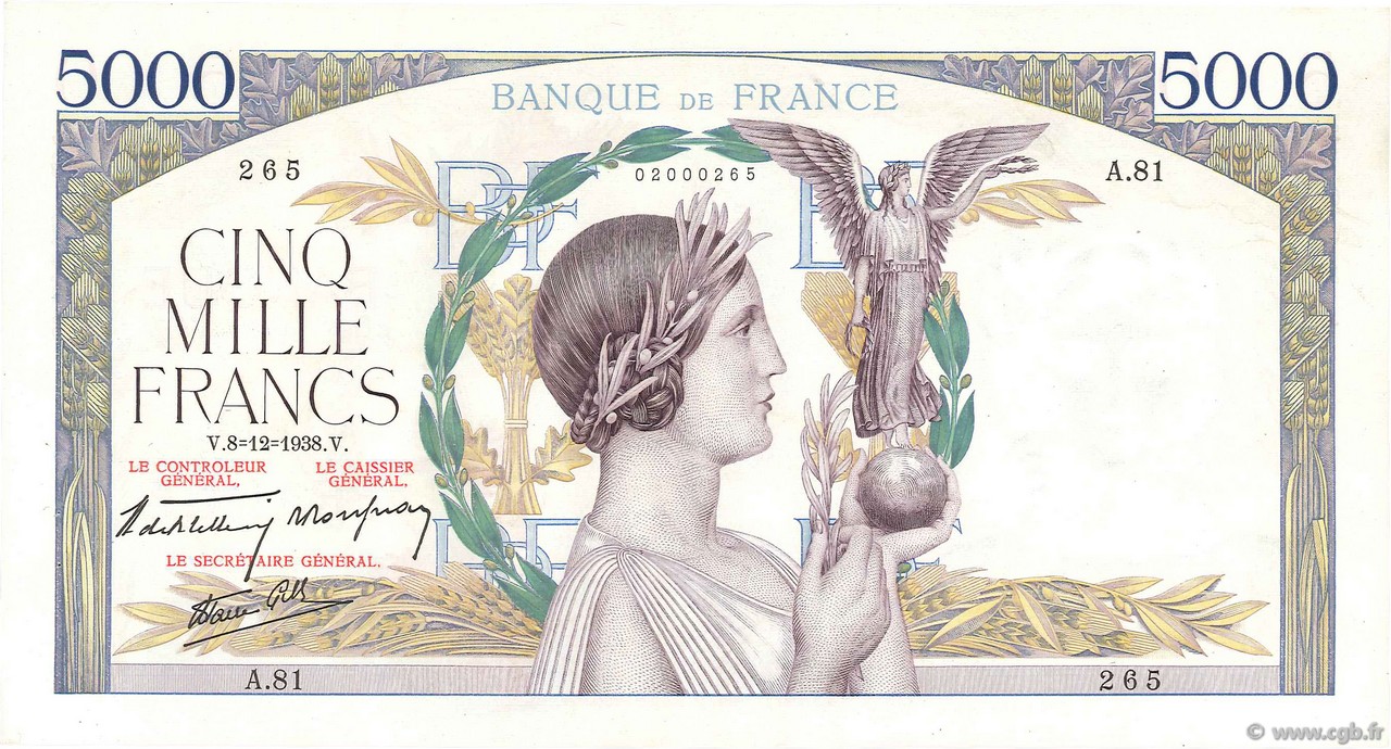 5000 Francs VICTOIRE Impression à plat FRANCE  1938 F.46.01 SUP+