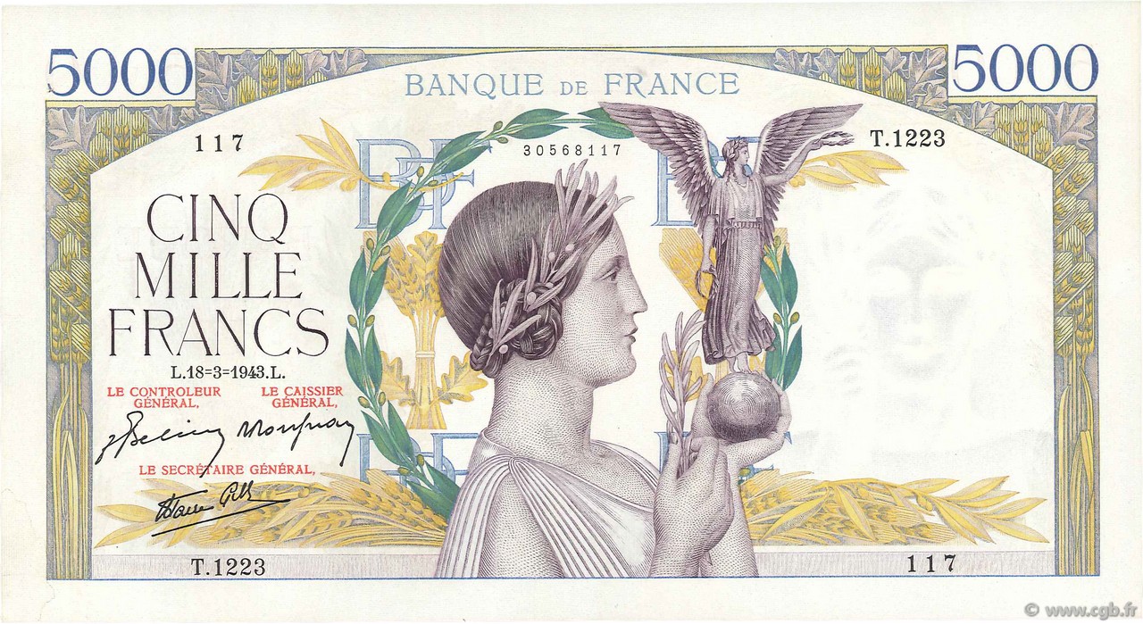 5000 Francs VICTOIRE Impression à plat FRANCE  1943 F.46.49 SUP+