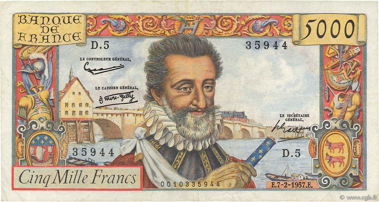 5000 Francs HENRI IV FRANCE  1957 F.49.01 TB