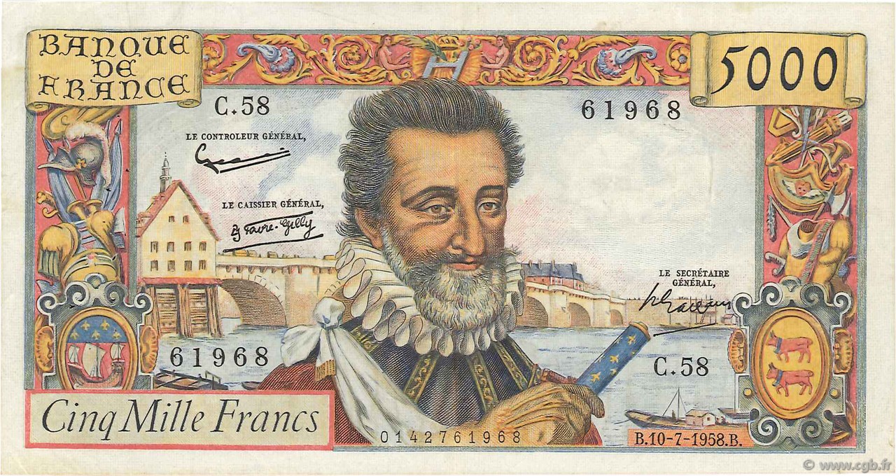 5000 Francs HENRI IV FRANCE  1958 F.49.07 TTB