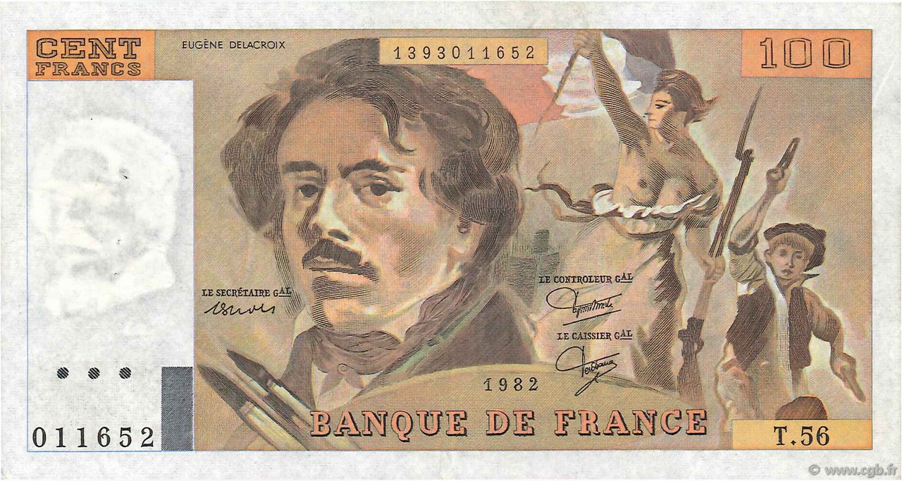 100 Francs DELACROIX modifié FRANCE  1982 F.69.06 SUP