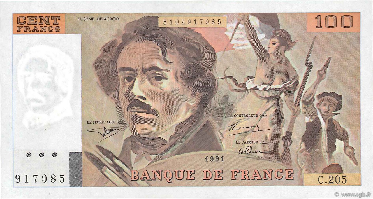 100 Francs DELACROIX imprimé en continu FRANCE  1991 F.69bis.04c pr.NEUF