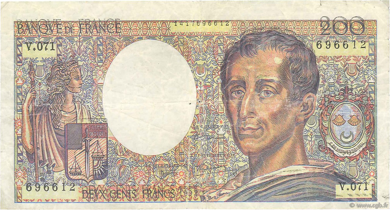 200 Francs MONTESQUIEU FRANCE  1989 F.70.09x TB+
