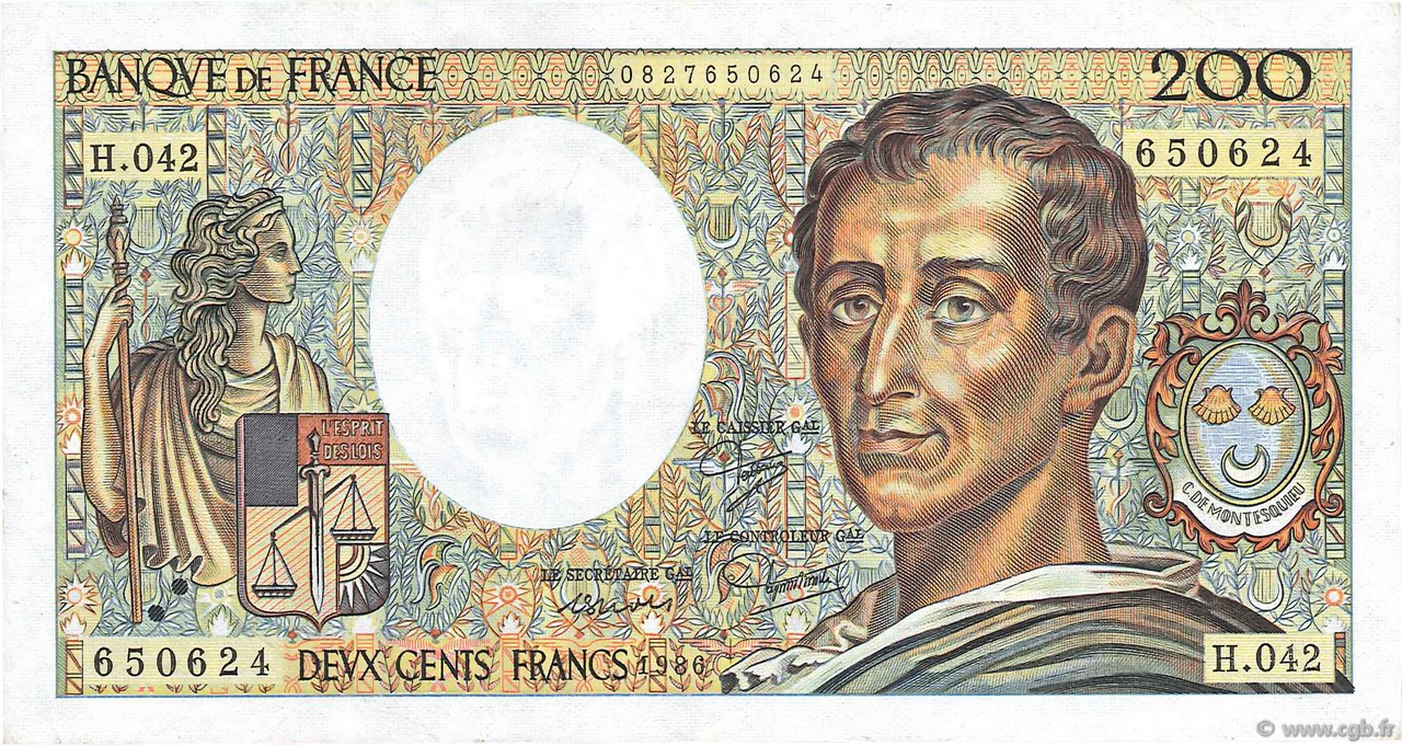 200 Francs MONTESQUIEU alphabet H.402 FRANCE  1986 F.70ter.01a SUP
