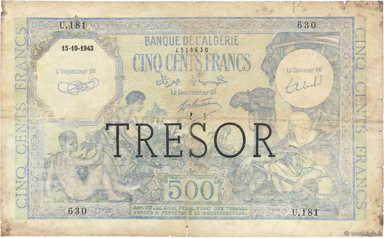 500 Francs Algérie FRANCE  1943 VF.09.01 B