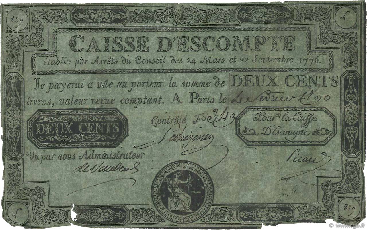 200 Livres Caisse d Escompte FRANCE  1790 Laf.103 pr.TB