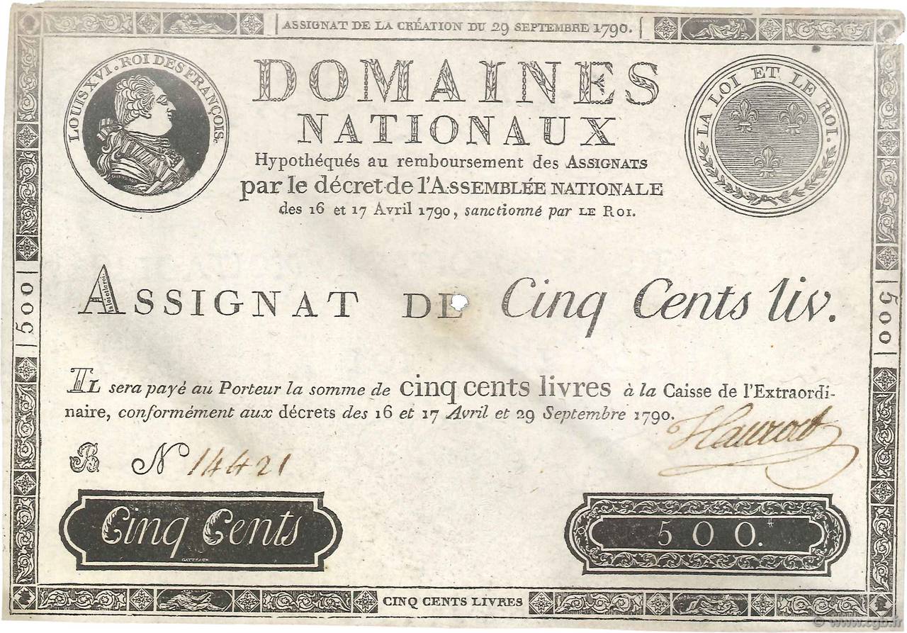 500 Livres FRANCE  1790 Ass.10a TTB+