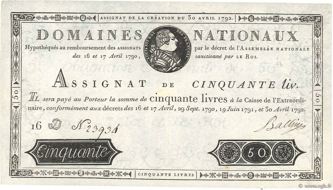 50 Livres FRANCE  1792 Ass.28a SUP