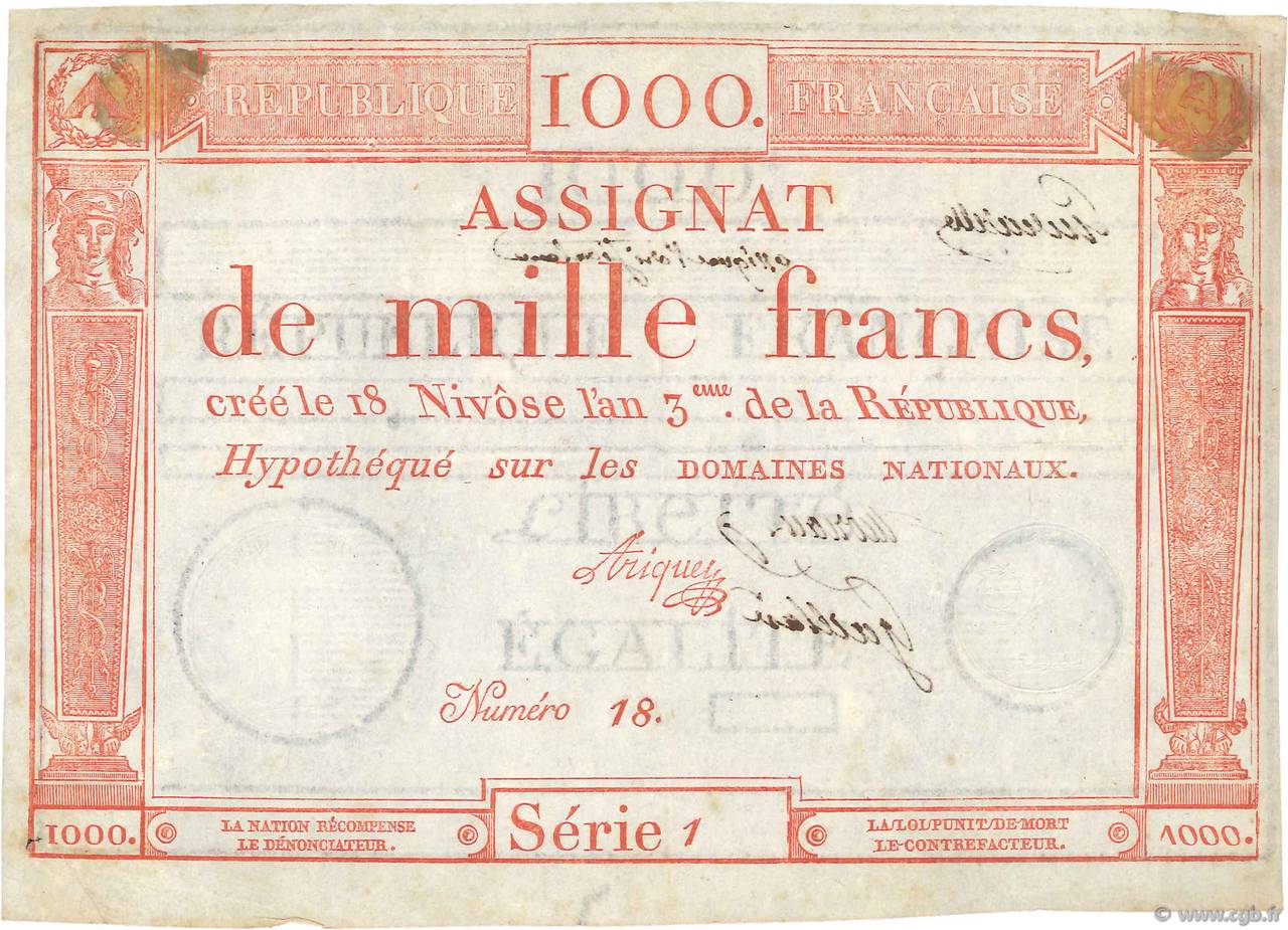 1000 Francs FRANCE  1795 Ass.50c TTB+