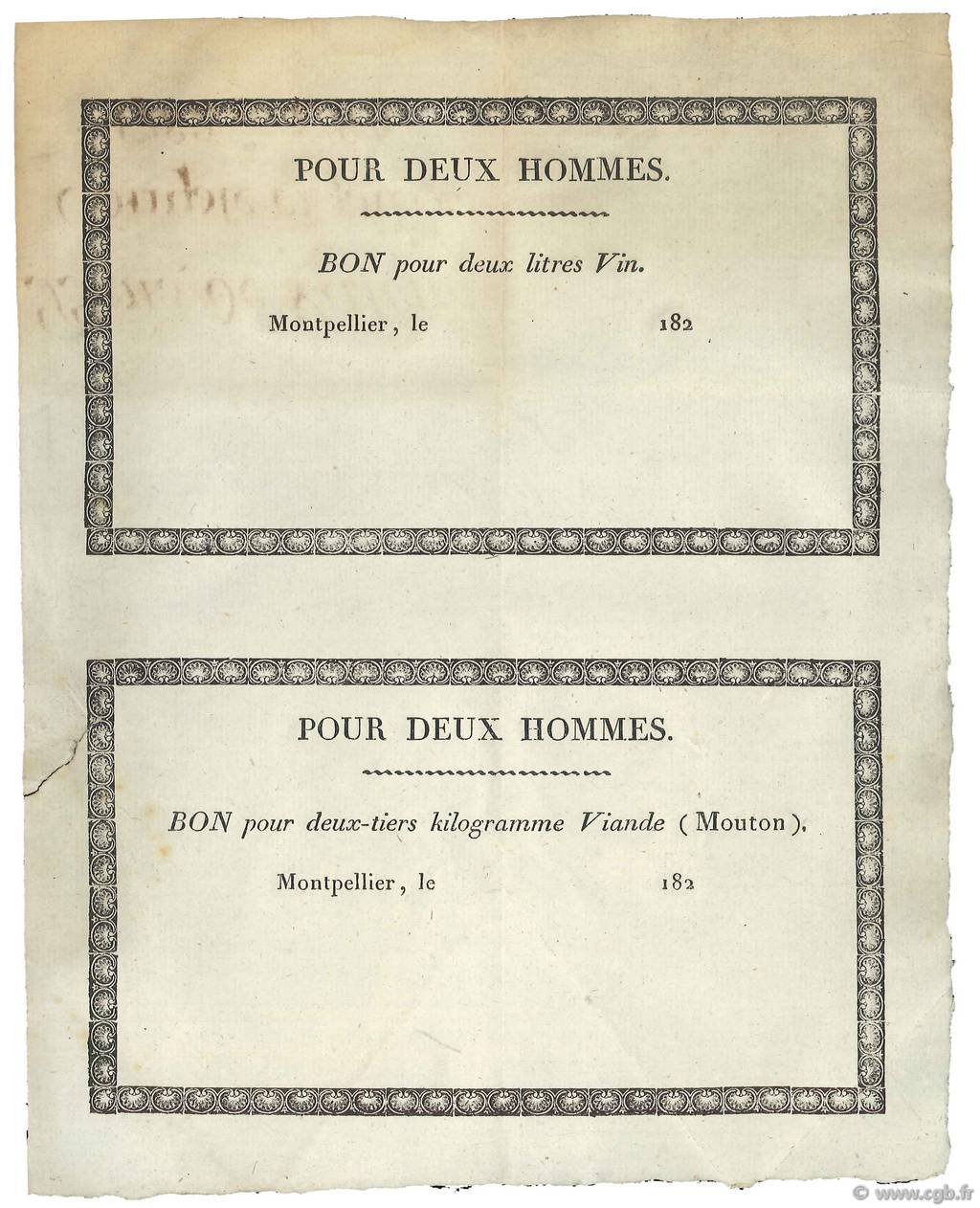 2 Litres de vin / 2/3 Kg Viande FRANCE régionalisme et divers  1820 - SPL
