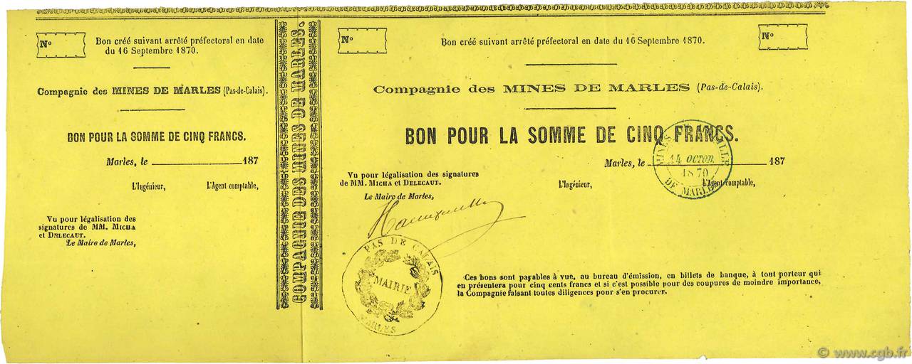 5 Francs FRANCE régionalisme et divers Marles 1870 - SUP