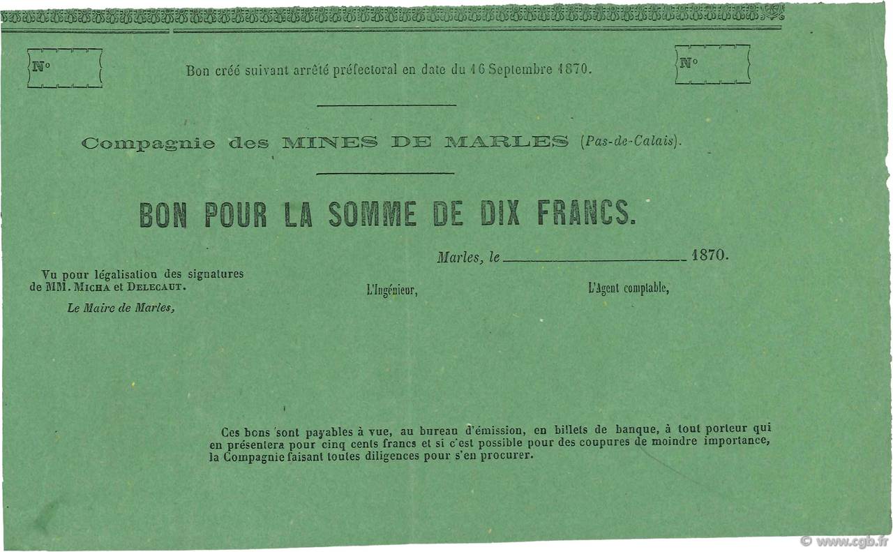 10 Francs FRANCE régionalisme et divers Marles 1870 - SUP