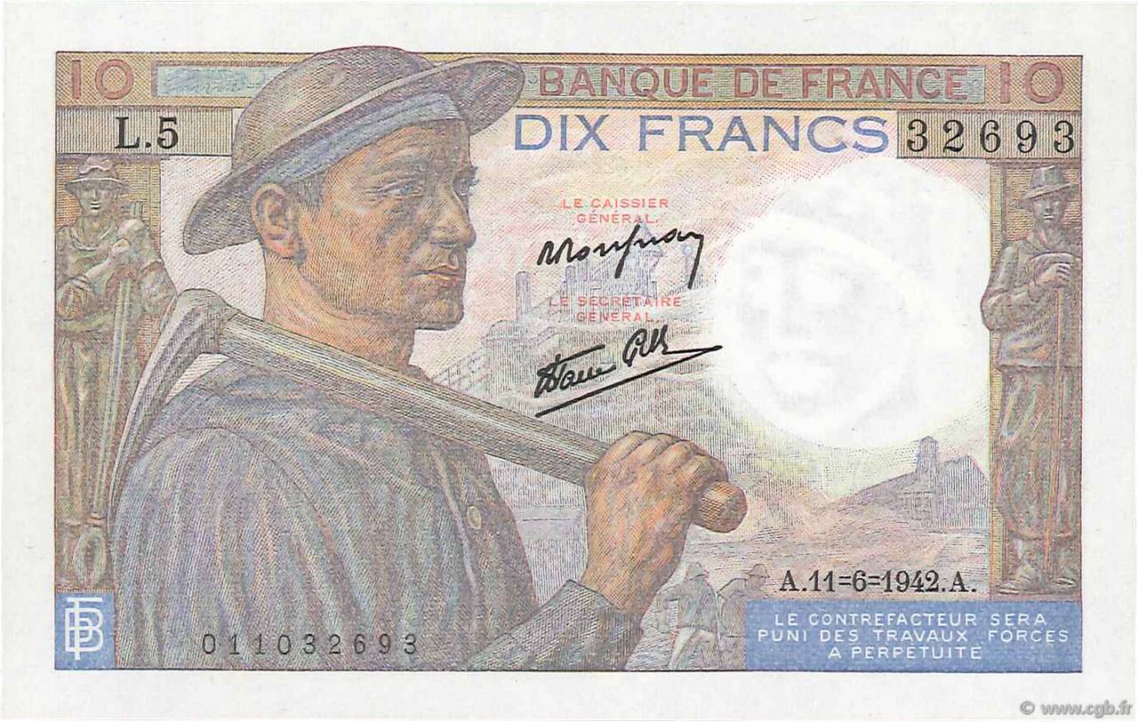 10 Francs MINEUR FRANCE  1942 F.08.03 pr.NEUF