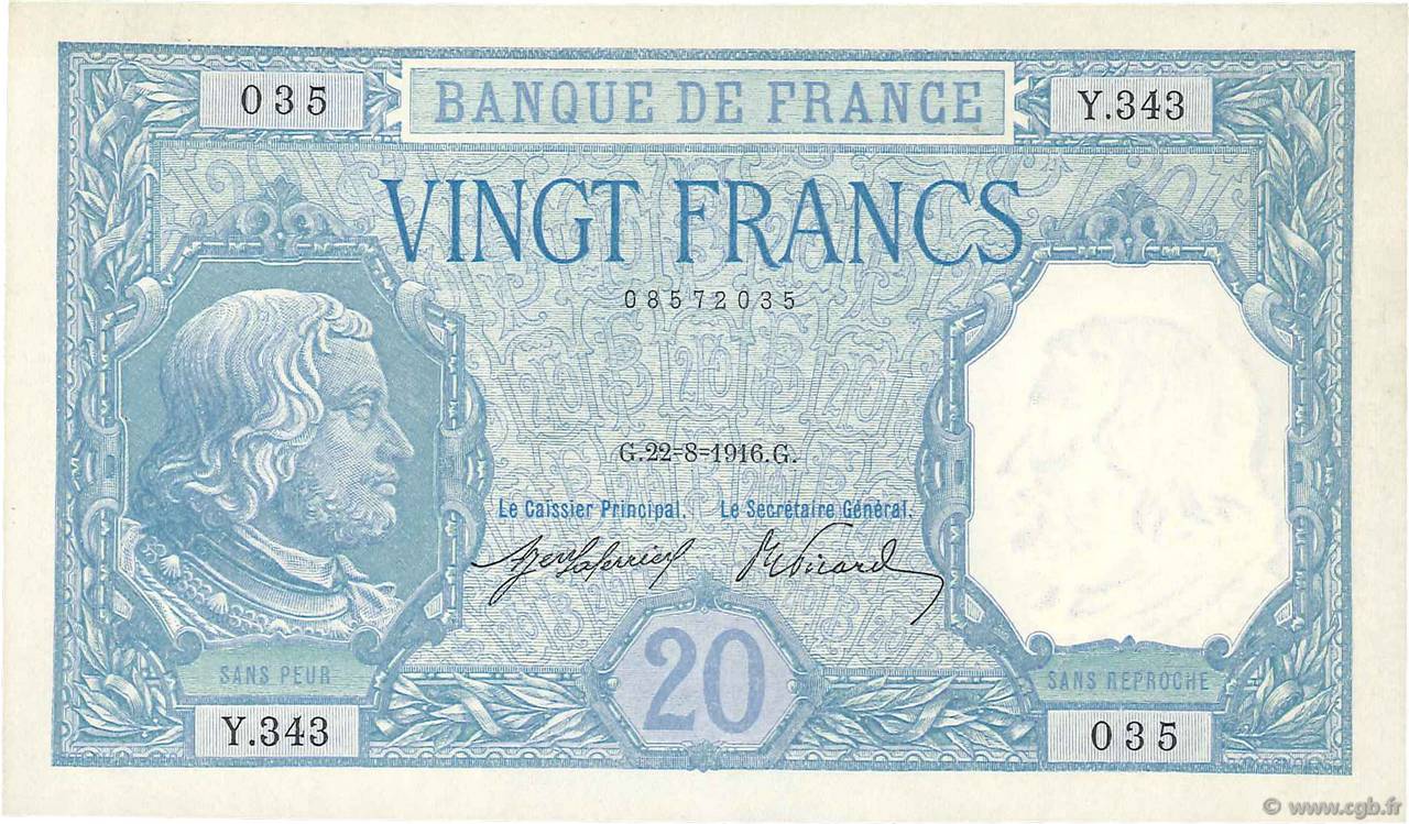 20 Francs BAYARD FRANCE  1916 F.11.01 SUP+