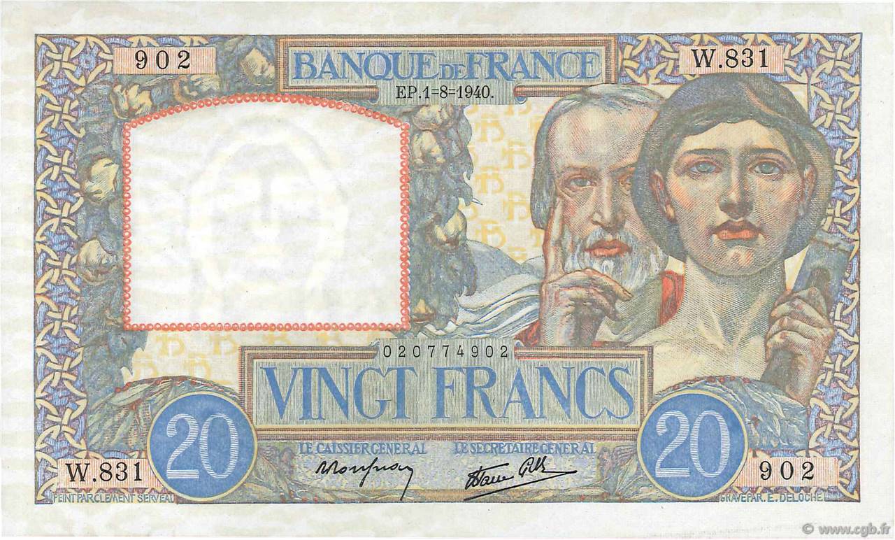 20 Francs TRAVAIL ET SCIENCE FRANCE  1940 F.12.05 SUP