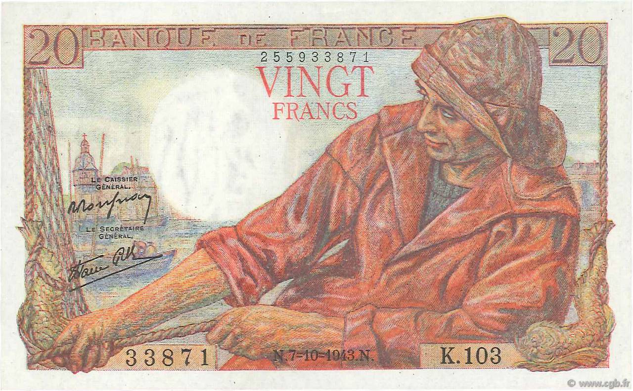 20 Francs PÊCHEUR FRANCE  1943 F.13.07 SUP+