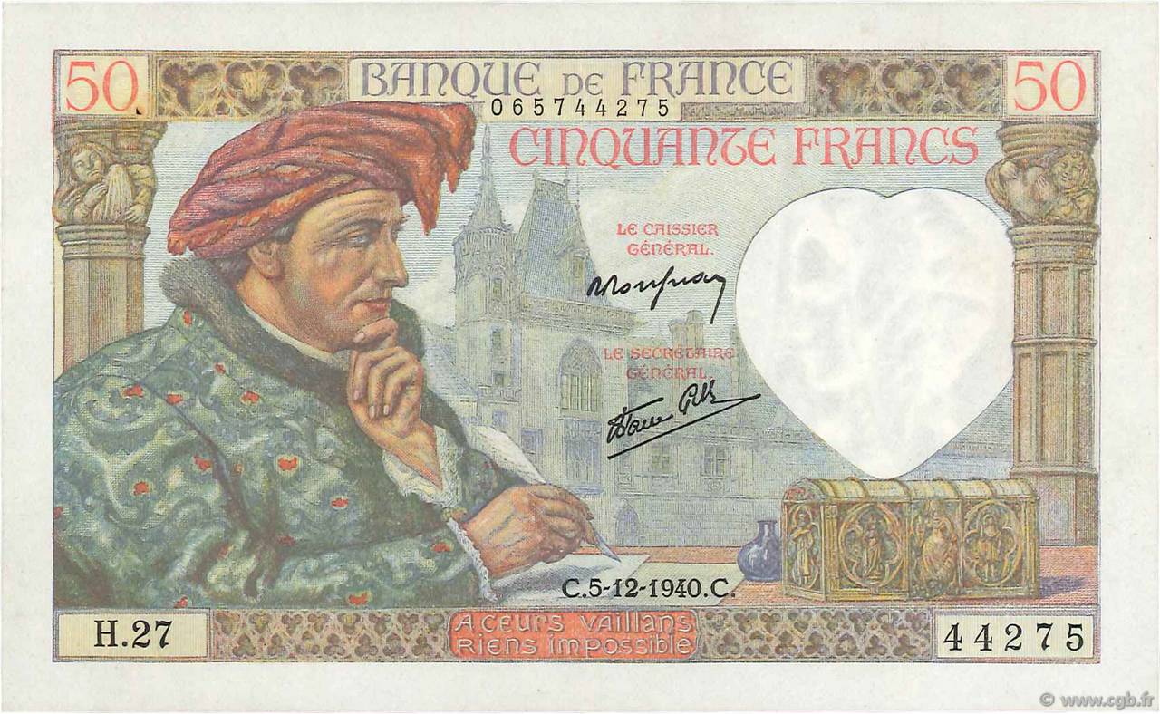 50 Francs JACQUES CŒUR FRANKREICH  1940 F.19.04 VZ+