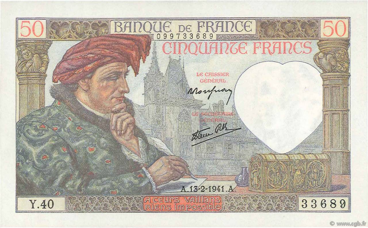 50 Francs JACQUES CŒUR FRANCE  1941 F.19.06 SUP+