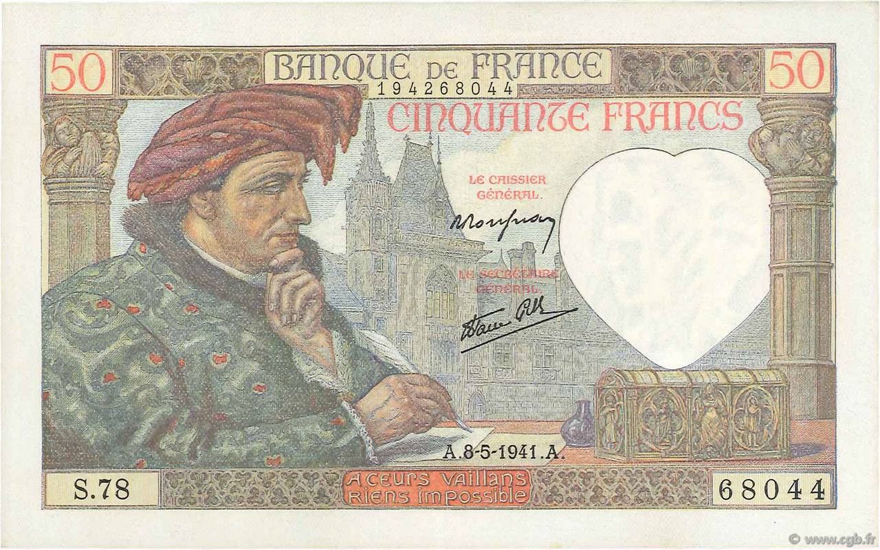 50 Francs JACQUES CŒUR FRANCE  1941 F.19.10 SPL+