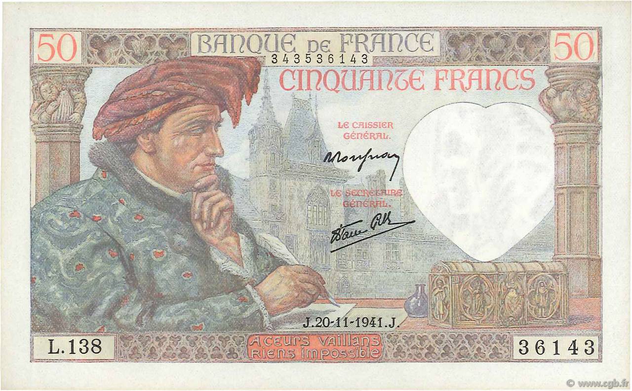 50 Francs JACQUES CŒUR FRANCE  1941 F.19.16 NEUF