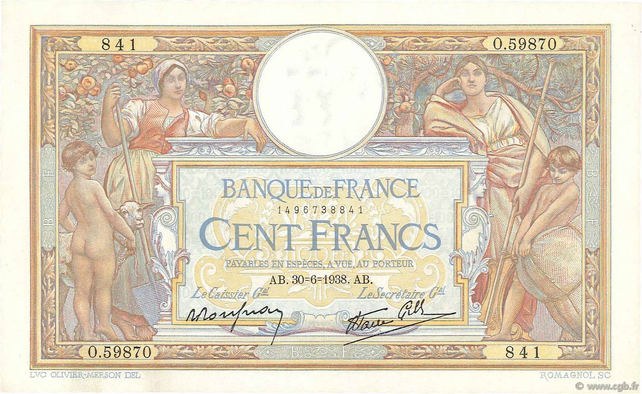 100 Francs LUC OLIVIER MERSON type modifié FRANCE  1938 F.25.24 SUP+