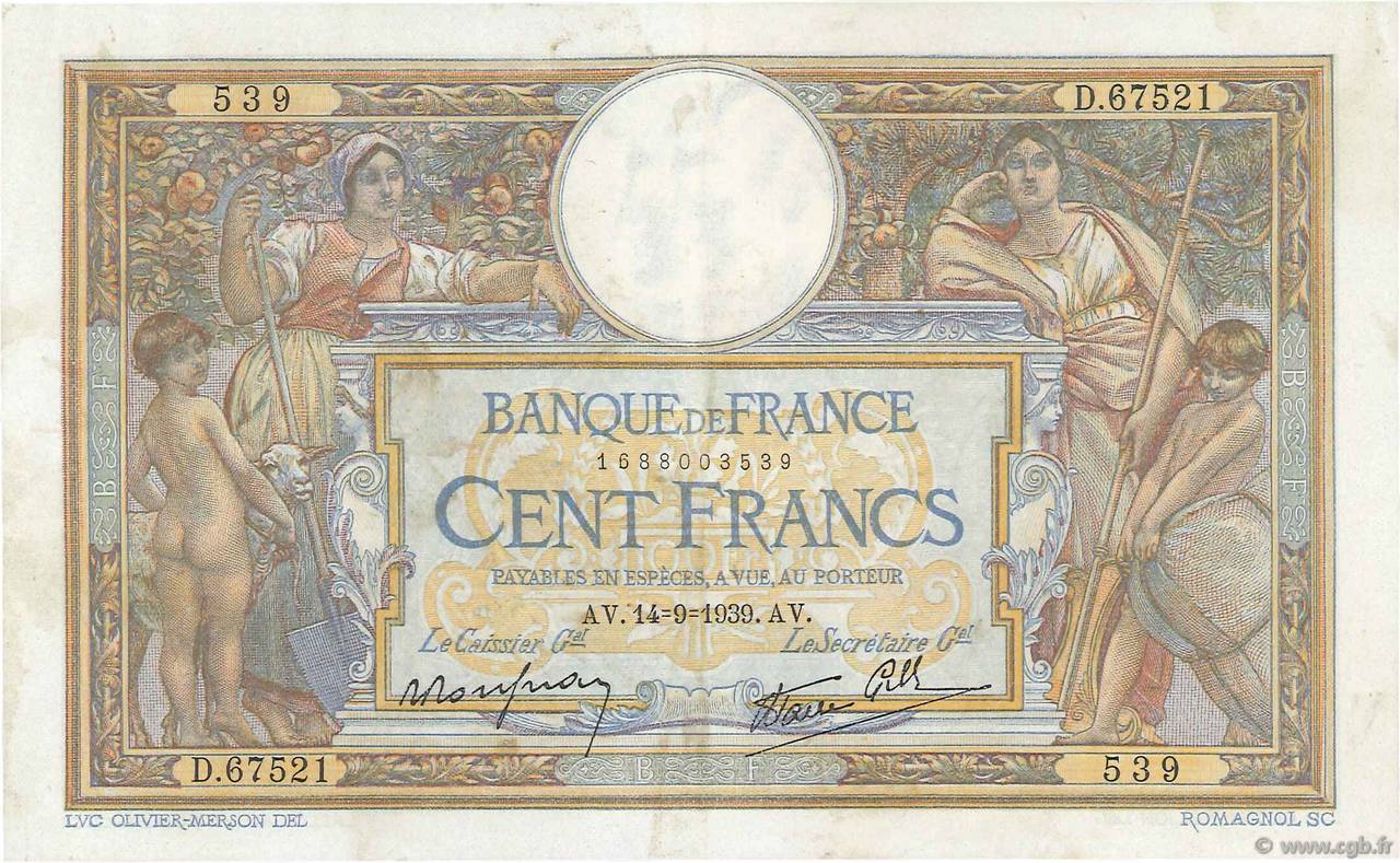 100 Francs LUC OLIVIER MERSON type modifié FRANCE  1939 F.25.49 SUP