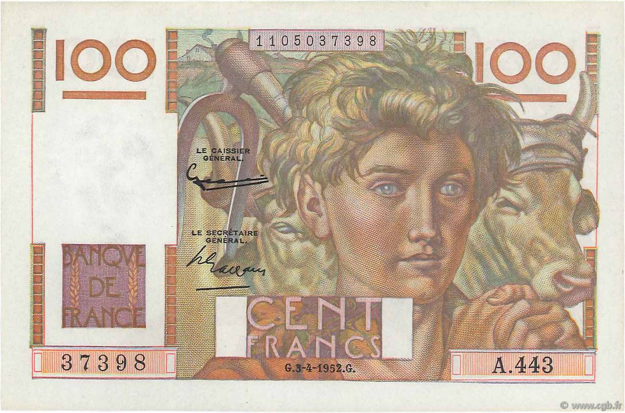 100 Francs JEUNE PAYSAN FRANCE  1952 F.28.32 SPL+