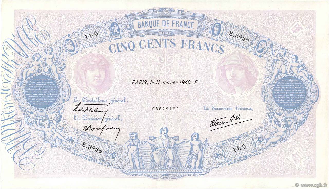 500 Francs BLEU ET ROSE modifié FRANCE  1940 F.31.56 SUP