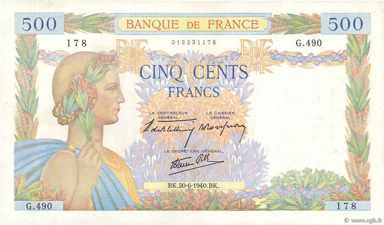 500 Francs LA PAIX FRANCE  1940 F.32.03 SUP