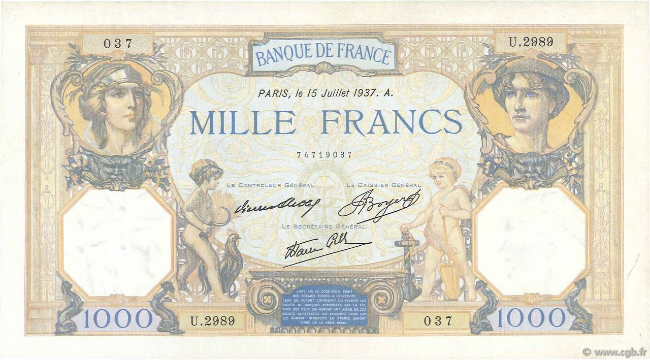 1000 Francs CÉRÈS ET MERCURE type modifié FRANCE  1937 F.38.02 SUP