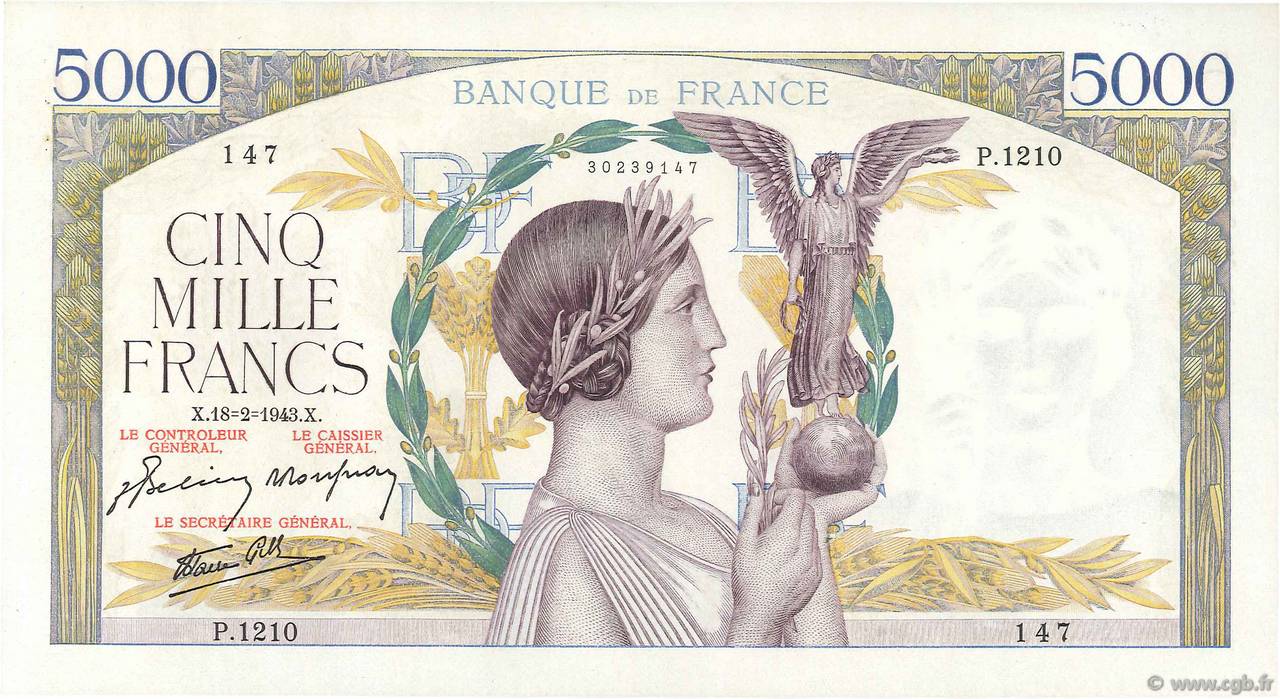5000 Francs VICTOIRE Impression à plat FRANCE  1943 F.46.48 SUP+