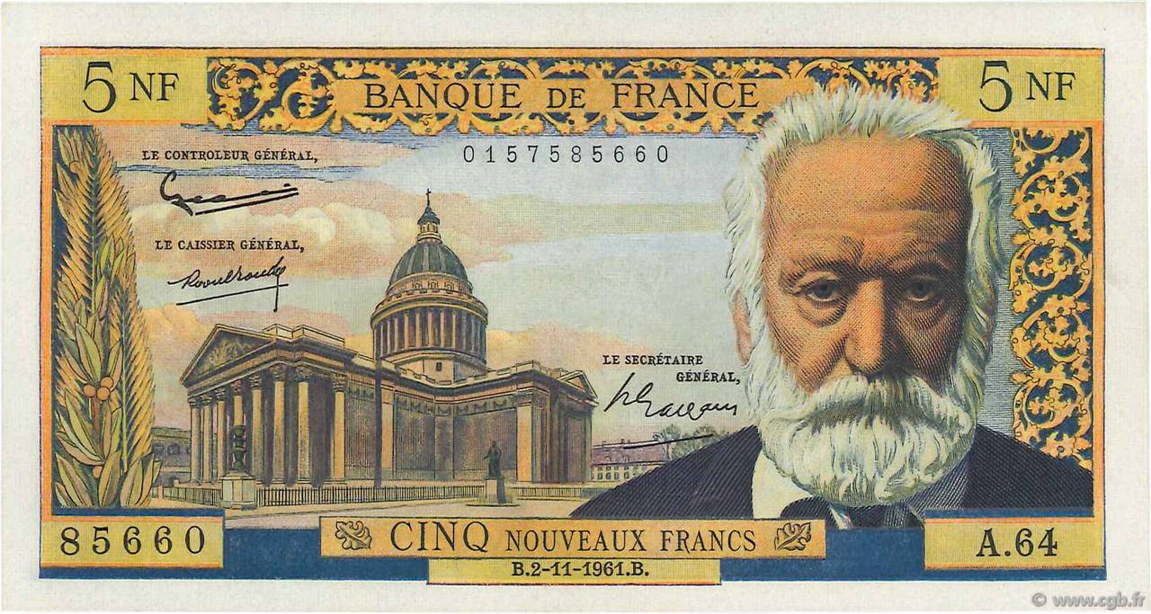 5 Nouveaux Francs VICTOR HUGO FRANCE  1961 F.56.09 pr.NEUF