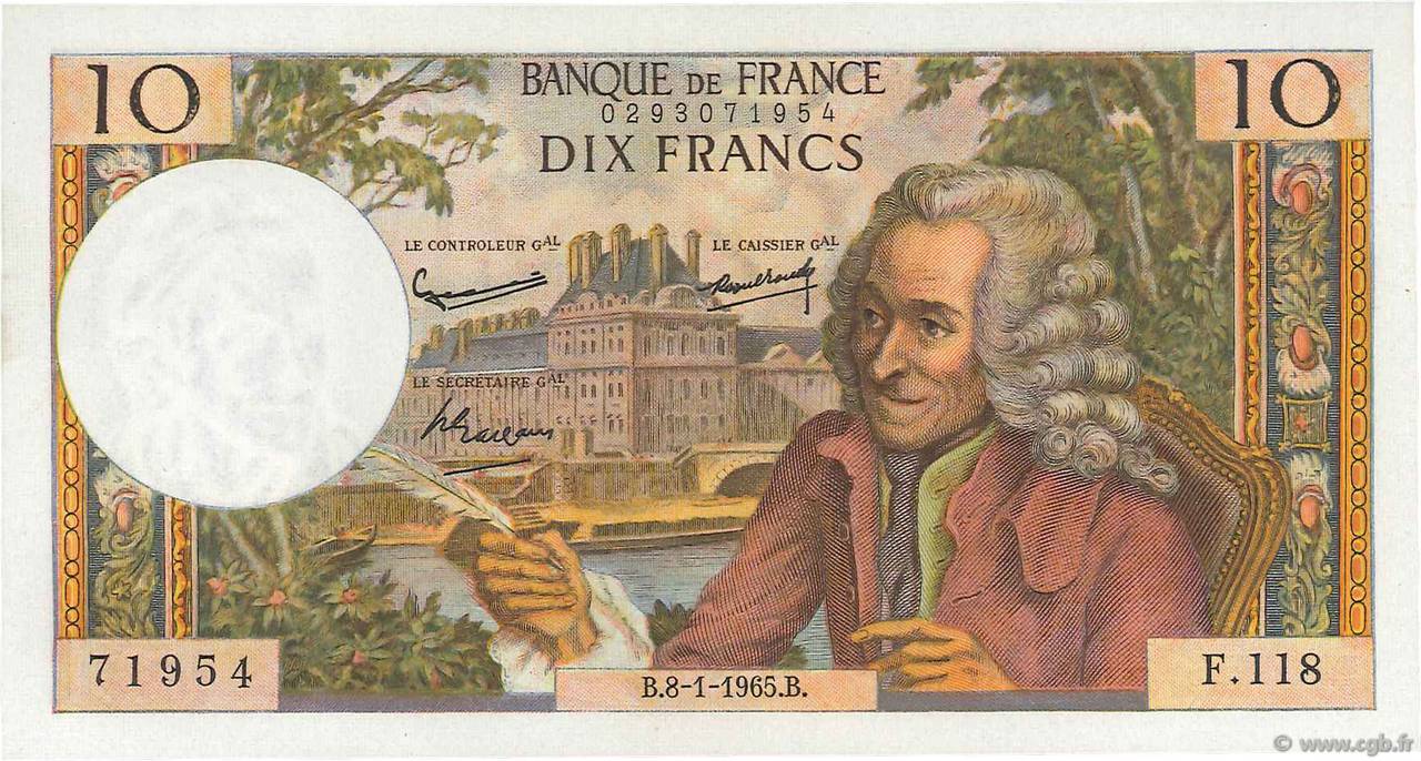 10 Francs VOLTAIRE FRANCE  1965 F.62.12 pr.SPL