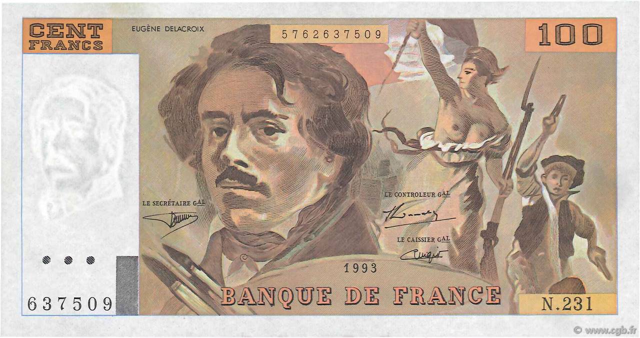 100 Francs DELACROIX  UNIFACE FRANCE  1995 F.69bisU.08 pr.NEUF
