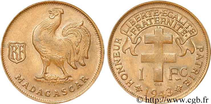 ÎLE DE MADAGASCAR - France Libre 1 franc 1943 Prétoria SUP 