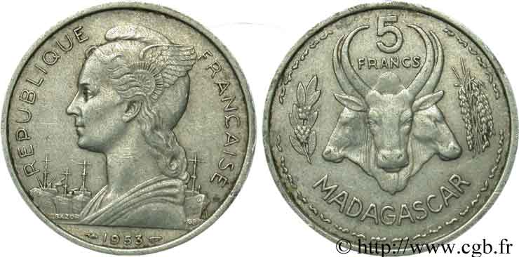 MADAGASCAR - Union française 5 Francs 1953 Paris TTB 